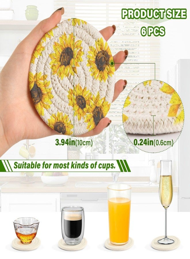 Aflyko Spring Coasters for Drink Sunflower Cute Coaster Set with Metal Holder Cotton Woven Coaster for Coffee Table Bistro Home Kitchen Island Housewarming Gift 6 Pack - Image 3